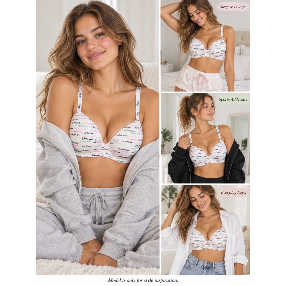 PINK Victoria's Secret Wear Everywhere Bra Womens 38C White Script Wireless